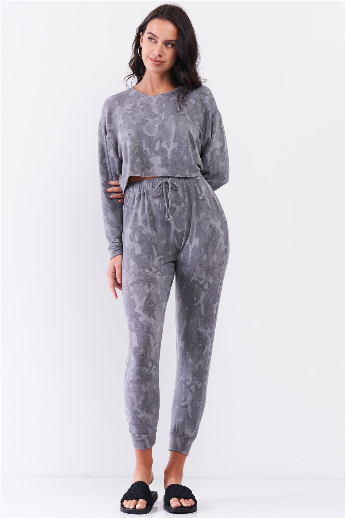 Grey Camo Print Tracksuit Loose Fit Dropped Shoulder Round Neck Long Sleeve Cropped Top High-Waisted Elasticated Self-Tie Drawstring Waistline Pants Set /3-2-1