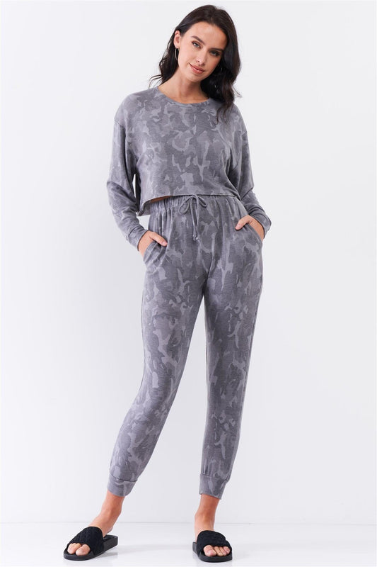 Grey Camo Print Tracksuit Loose Fit Dropped Shoulder Round Neck Long Sleeve Cropped Top High-Waisted Elasticated Self-Tie Drawstring Waistline Pants Set /3-2-1