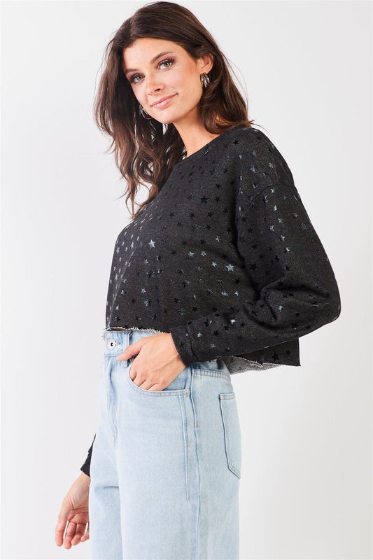 Black Star Print  Crew Neck Long Sleeve Cropped Sweatshirt /1-2-1