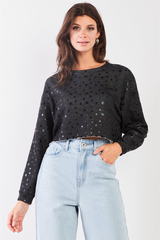 Black Star Print  Crew Neck Long Sleeve Cropped Sweatshirt /3-2-1