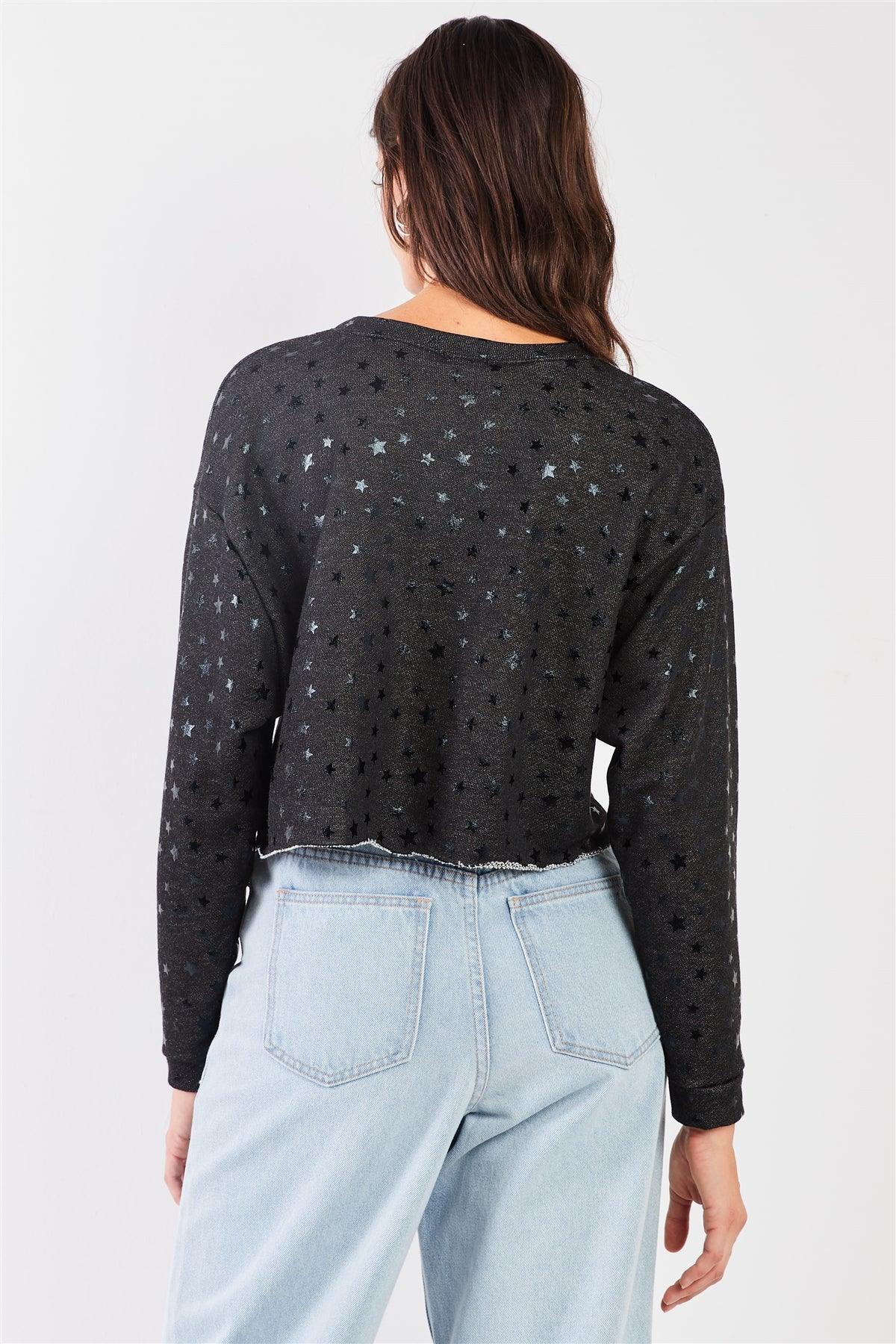 Black Star Print  Crew Neck Long Sleeve Cropped Sweatshirt /3-2-1