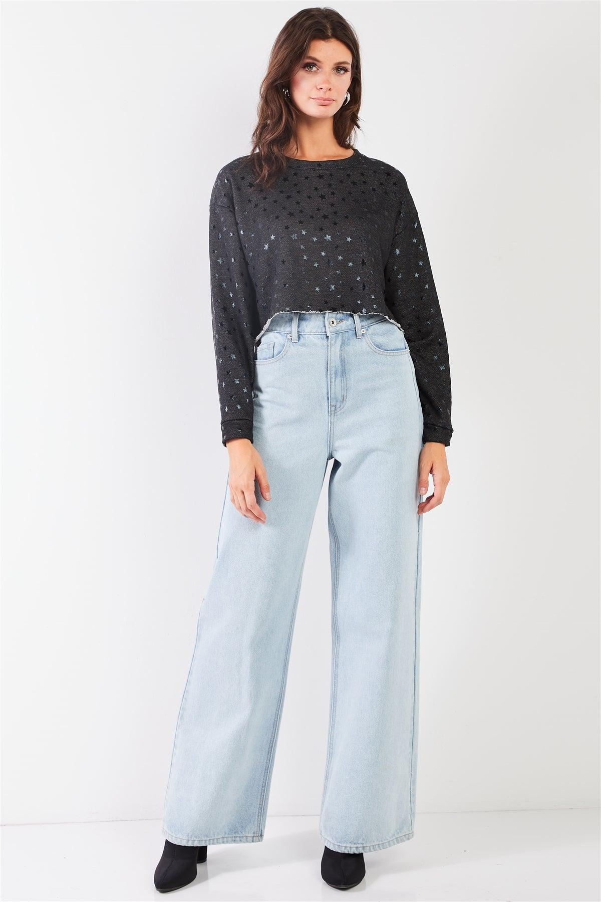 Black Star Print  Crew Neck Long Sleeve Cropped Sweatshirt /3-2-1