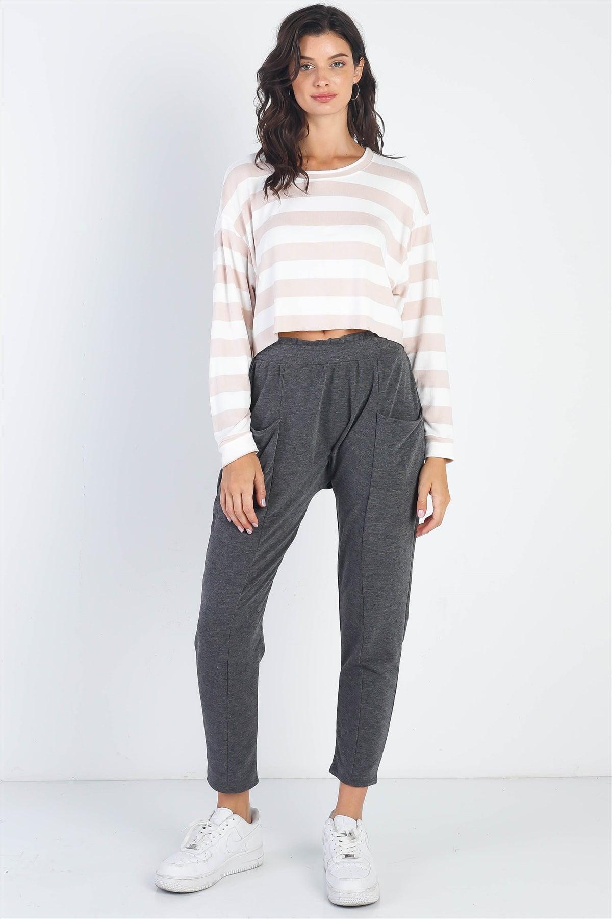 White & Taupe Stripe Long Sleeve Crop Top /2-2-1