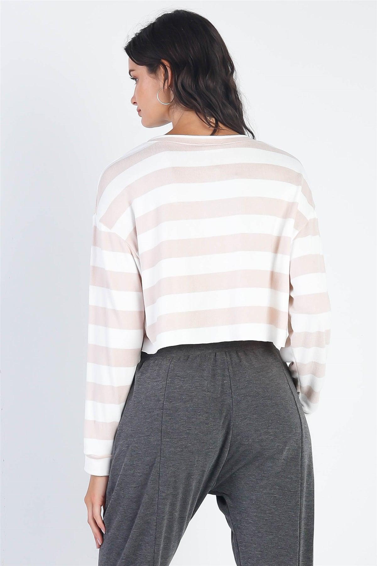 White & Taupe Stripe Long Sleeve Crop Top /2-2-1