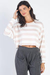 White & Taupe Stripe Long Sleeve Crop Top /3-2-1