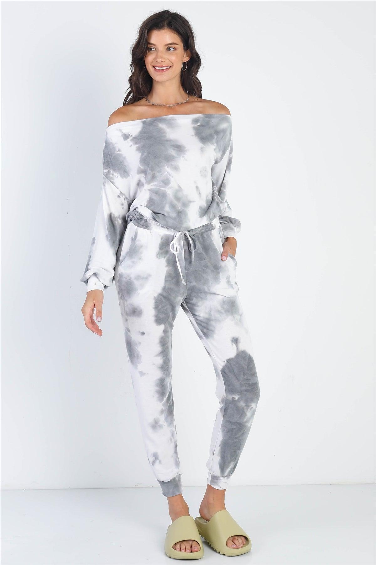 Charcoal Tie-Dye Off-The-Shoulder Top High Waist Pants Set