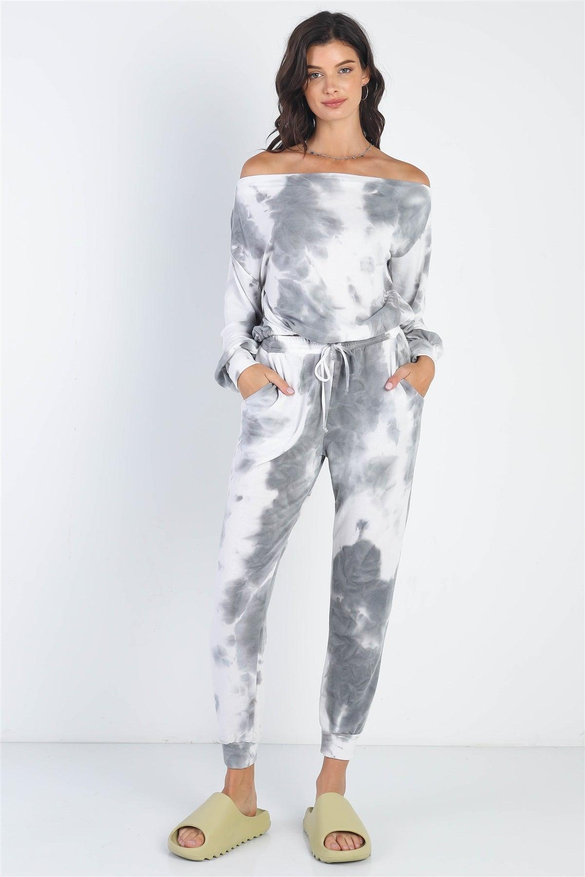 Charcoal Tie-Dye Off-The-Shoulder Top High Waist Pants Set