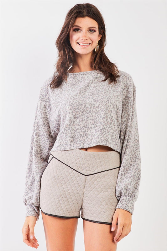 Grey Cheetah Print Crew Neck Long Balloon Sleeve Cropped Top /3-2-1