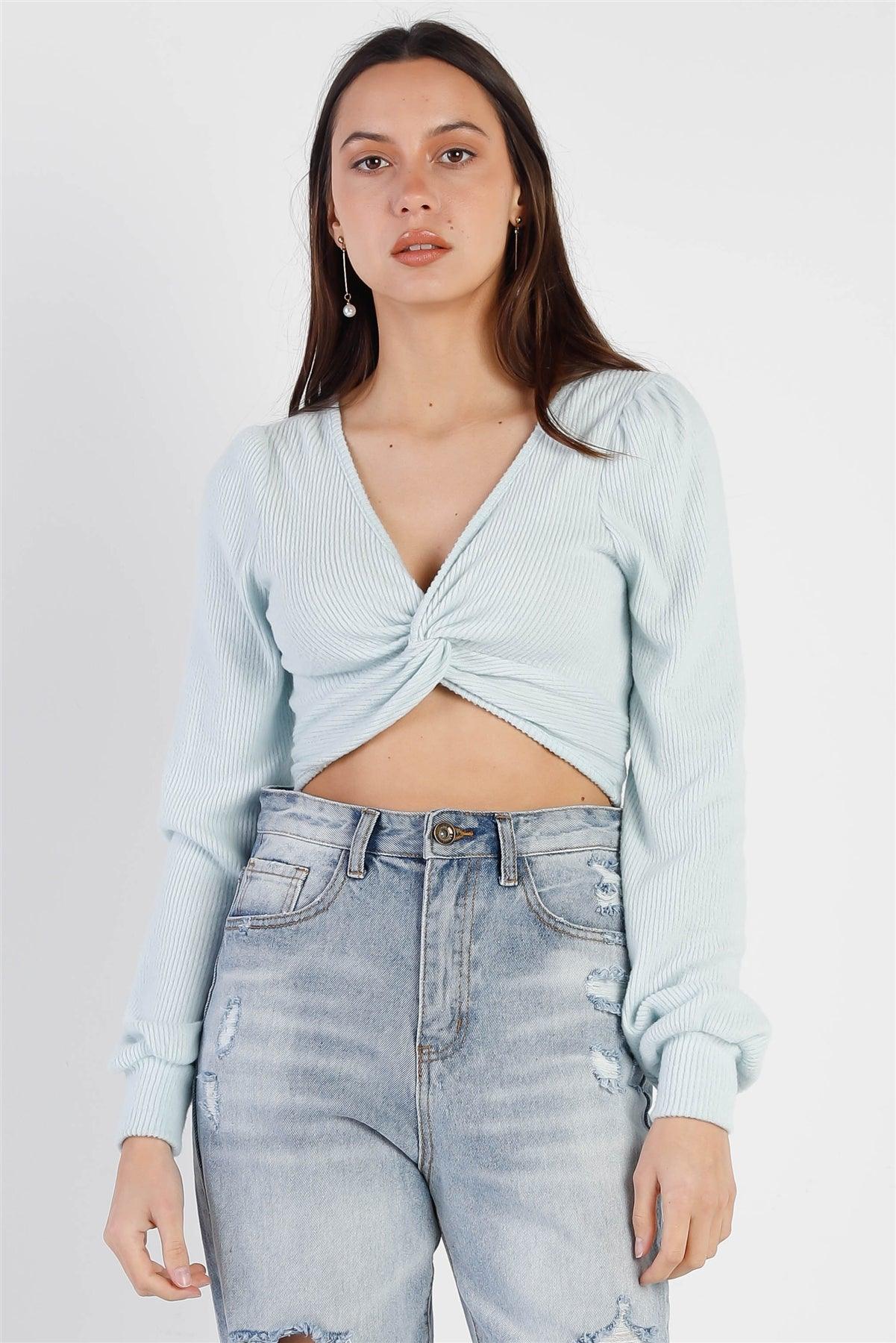 Sky Blue Ribbed Fluffy Front Twisted Detail Crop Top /2-2-1