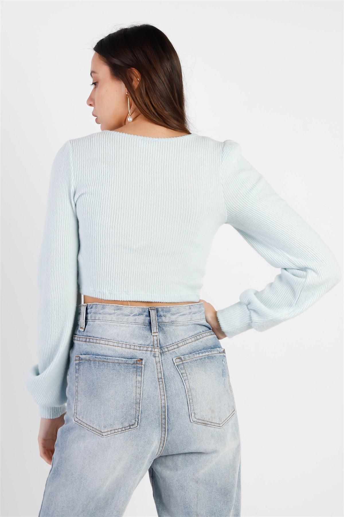 Sky Blue Ribbed Fluffy Front Twisted Detail Crop Top /2-2-1