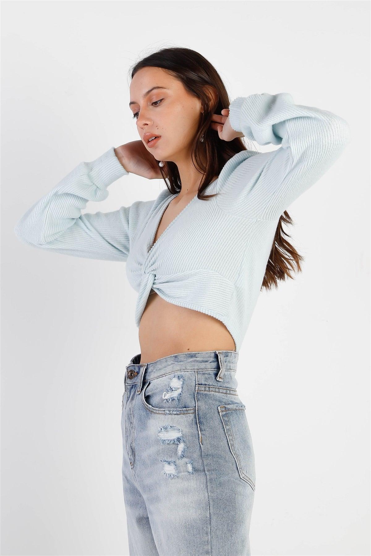 Sky Blue Ribbed Fluffy Front Twisted Detail Crop Top /2-2-1