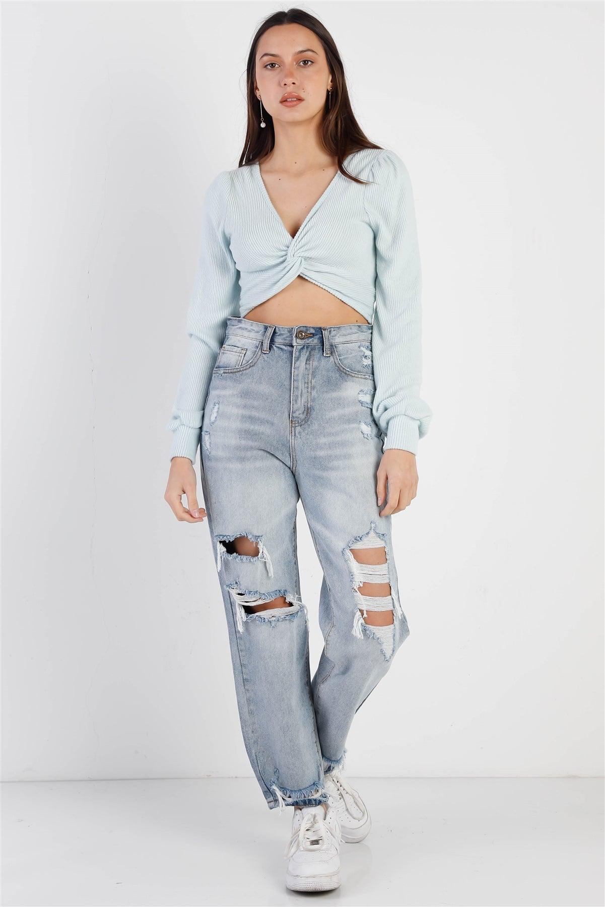 Sky Blue Ribbed Fluffy Front Twisted Detail Crop Top /2-2-1