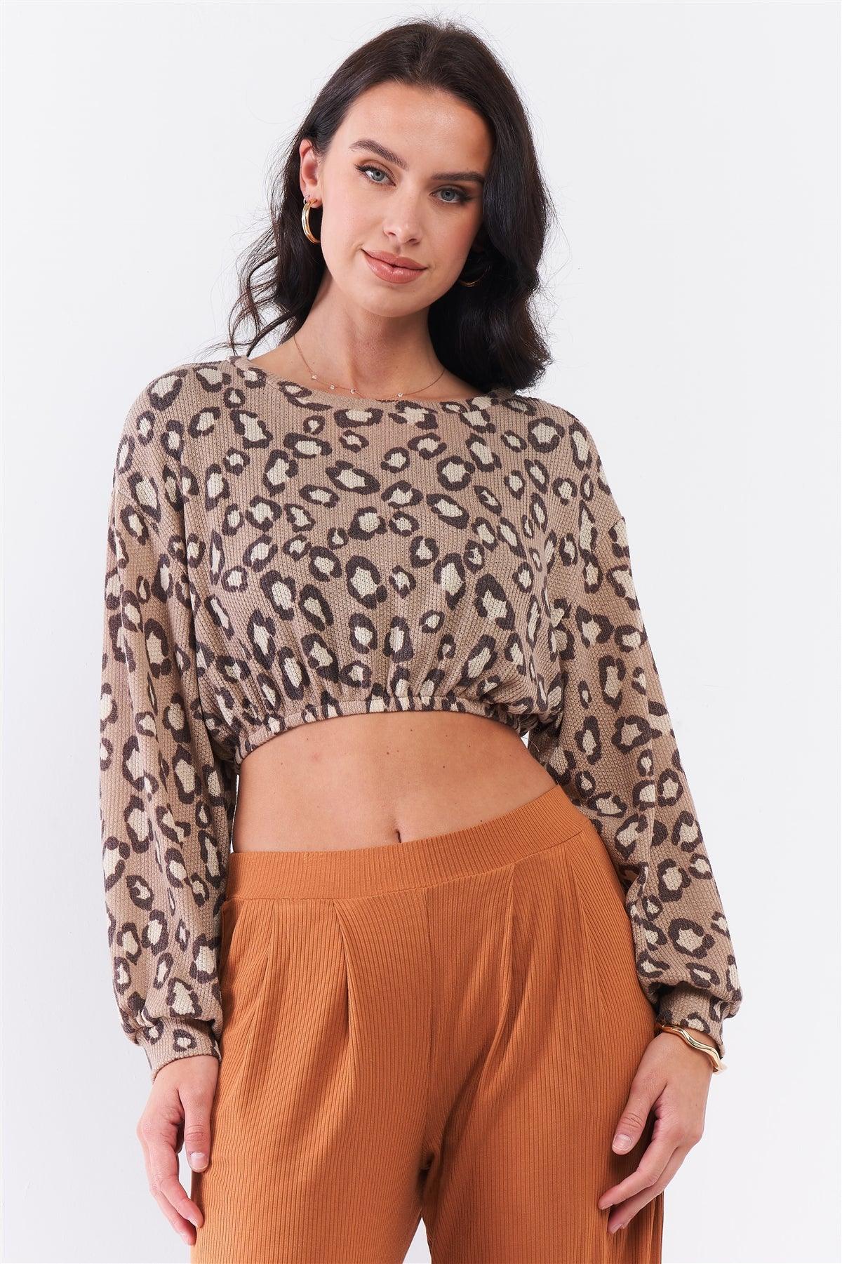 Taupe & Cream Cheetah Round Neck Knit Construction Dropped Shoulders Long Sleeve Elasticated Waist Cropped Top /3-2-1