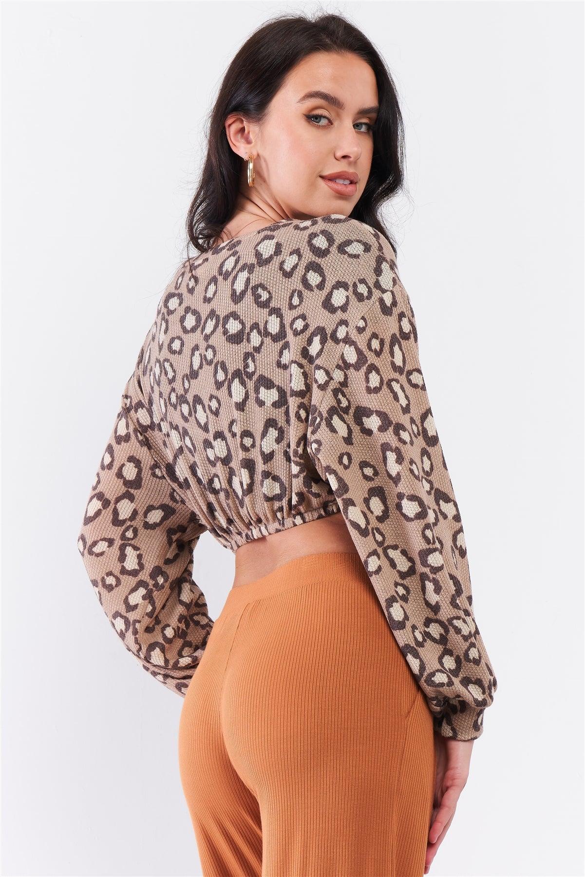 Taupe & Cream Cheetah Round Neck Knit Construction Dropped Shoulders Long Sleeve Elasticated Waist Cropped Top /3-2-1