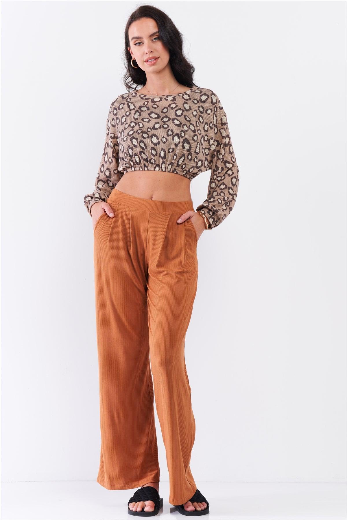 Taupe & Cream Cheetah Round Neck Knit Construction Dropped Shoulders Long Sleeve Elasticated Waist Cropped Top /3-2-1