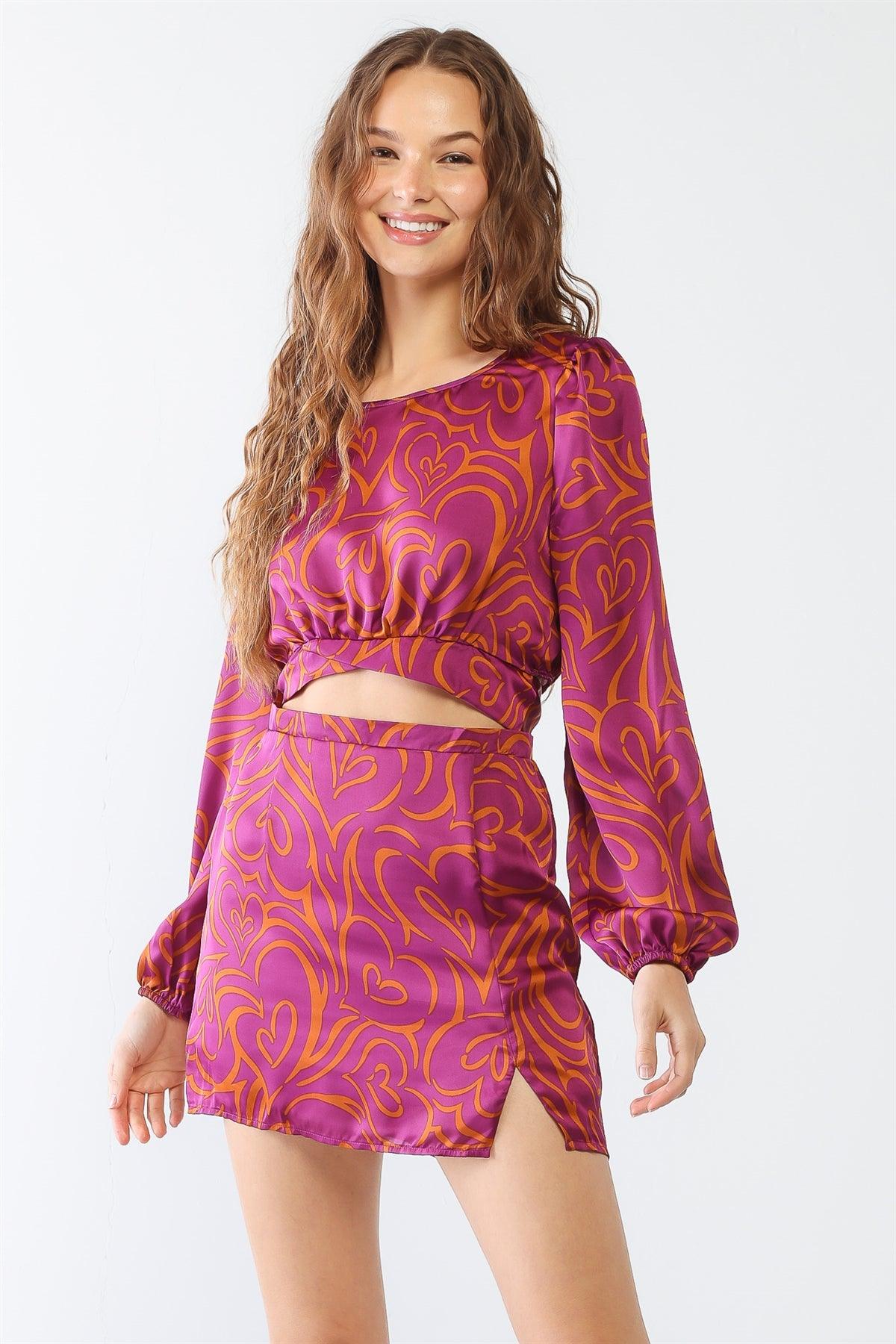 Magenta & Rust Heart Print Satin Peasant Long Sleeve Self-Tie Around Crop Top & High Waist Mini Skirt Set /1-2-2-1