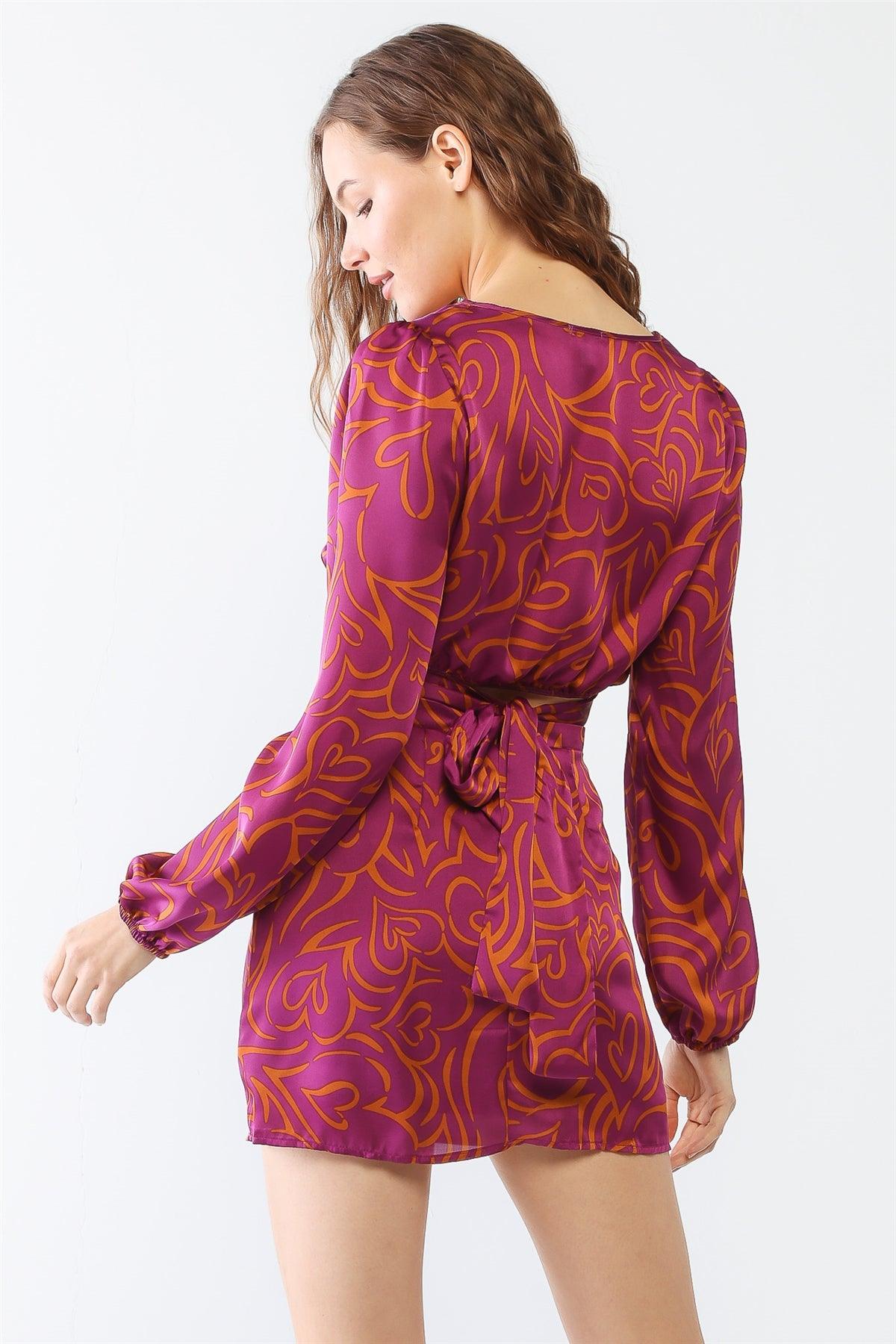 Magenta & Rust Heart Print Satin Peasant Long Sleeve Self-Tie Around Crop Top & High Waist Mini Skirt Set /1-2-2-1