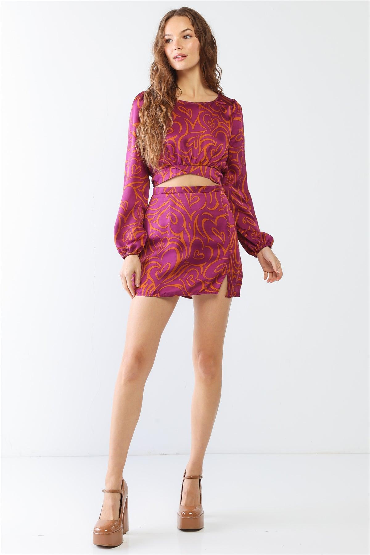 Magenta & Rust Heart Print Satin Peasant Long Sleeve Self-Tie Around Crop Top & High Waist Mini Skirt Set /1-2-2-1