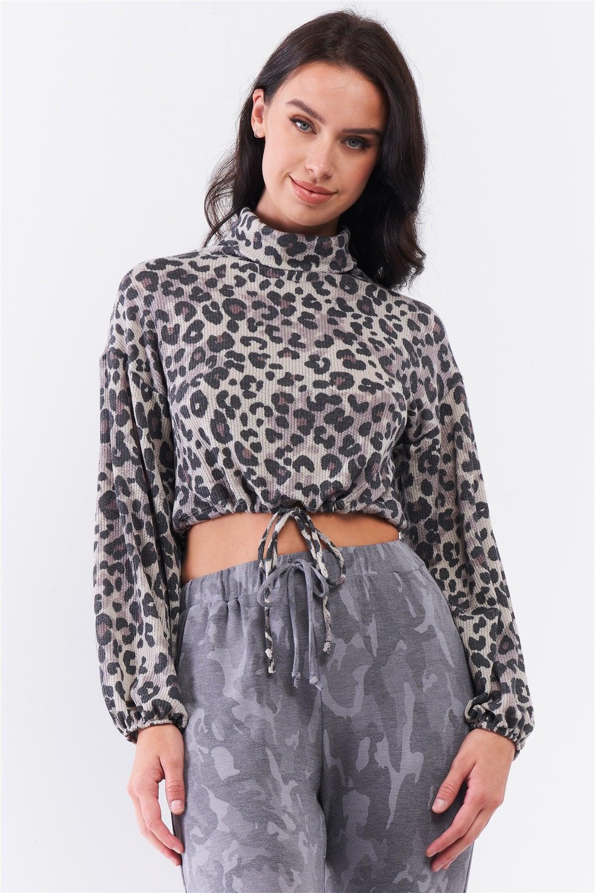 Taupe Black Leopard Turtleneck Relaxed Balloon Sleeve Draw-String Hem Crop Sweater /3-2-1