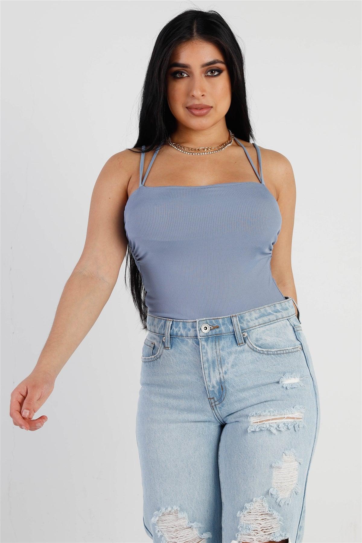 Dusty Blue Ribbed Self-Tie Neck Detail Sleeveless Bodysuit /3-2-1