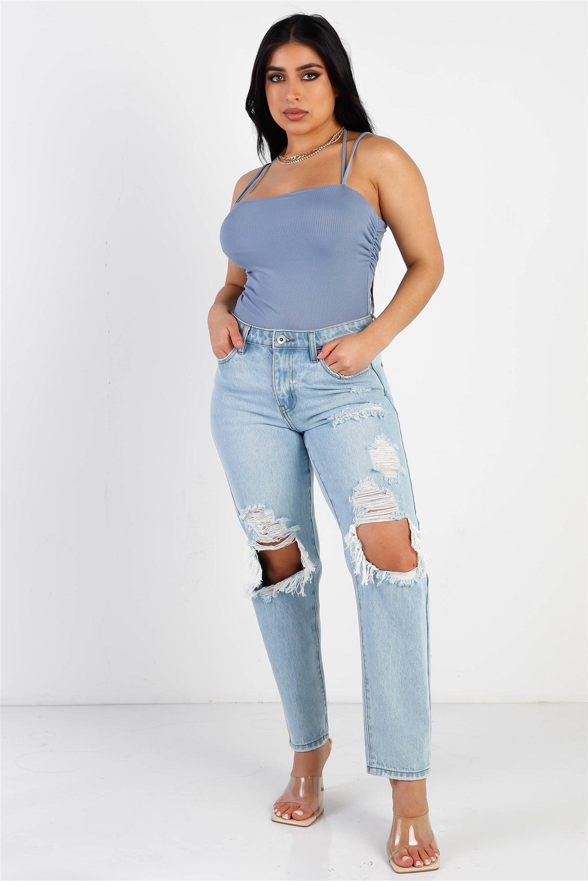 Dusty Blue Ribbed Self-Tie Neck Detail Sleeveless Bodysuit /3-2-1