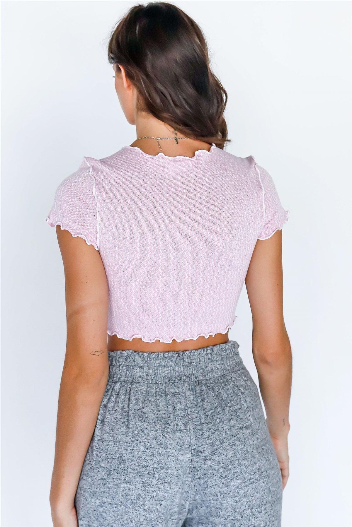 Pink & White Knit Lettuce Edge Stitch Detail Crop Top /3-2-1