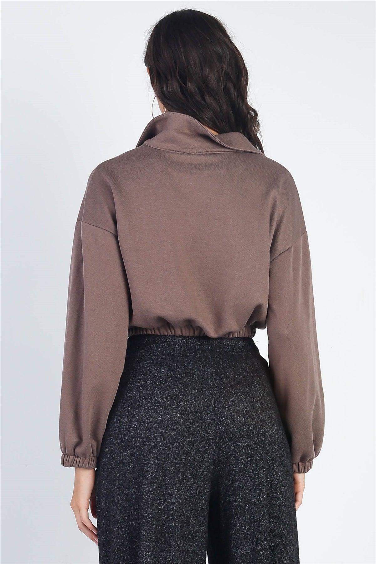 Mocha Zip-Up Collared Long Sleeve Crop Sweater /3-2-1