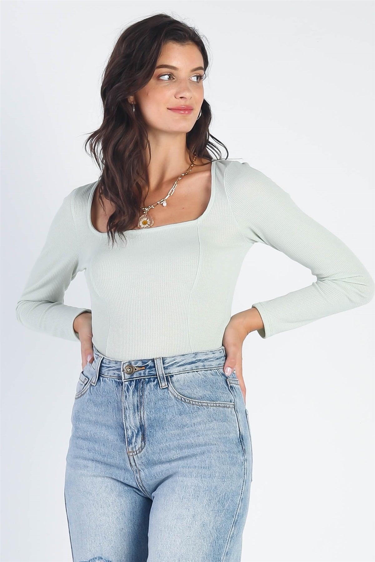 Sage Waffle Knit Square Neck Long Sleeve Bodysuit /3-2-1