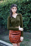 Olive Ribbed Flannel Collared V-Neck Shirt Crop Top /2-2-2