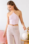 Lilac Ribbed Halter Neck Strappy Self-Tie Back Crop Top /3-2-1