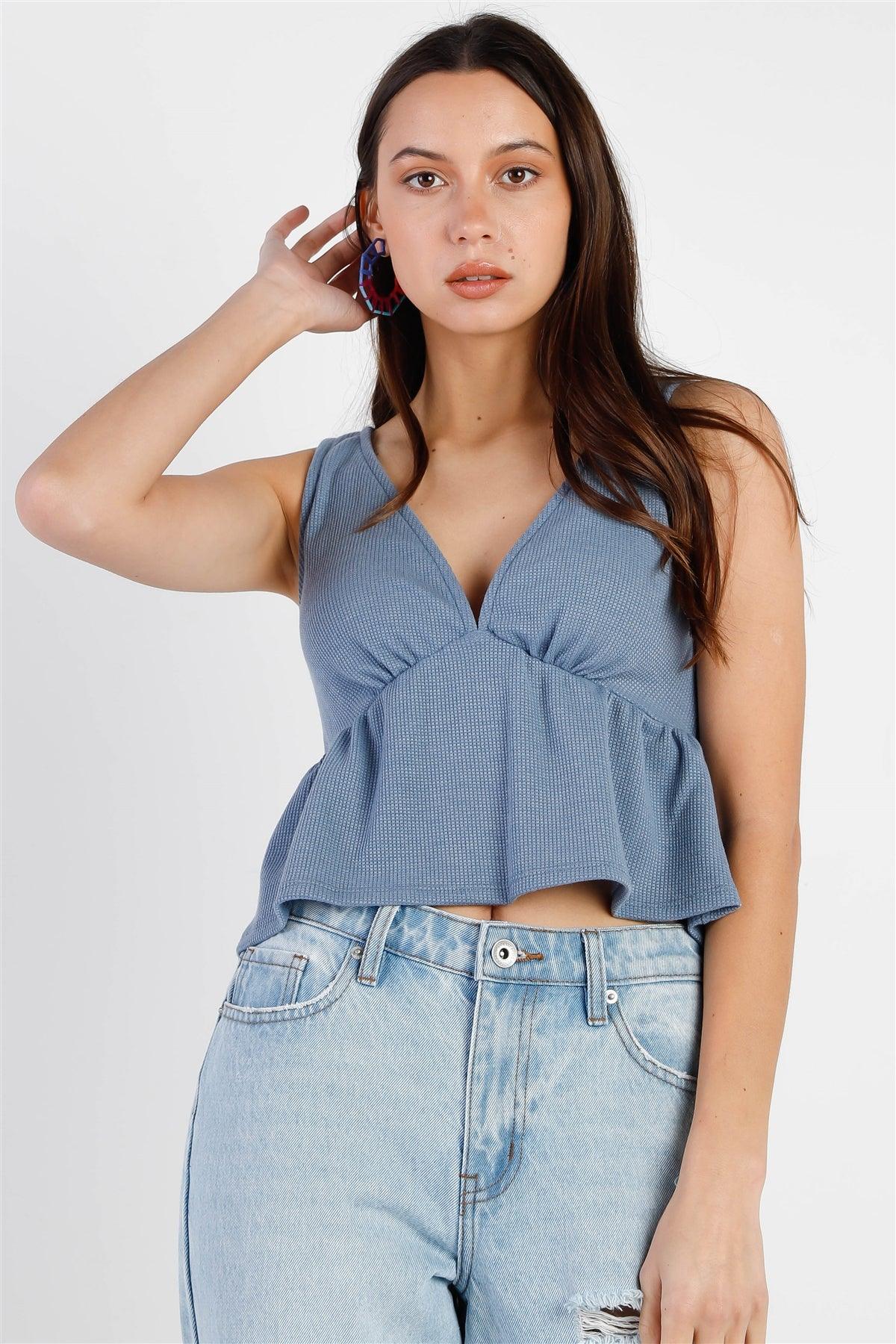 Dusty Blue Waffle Knit Ruffle Hem V-Neck Sleeveless Top /3-2-1