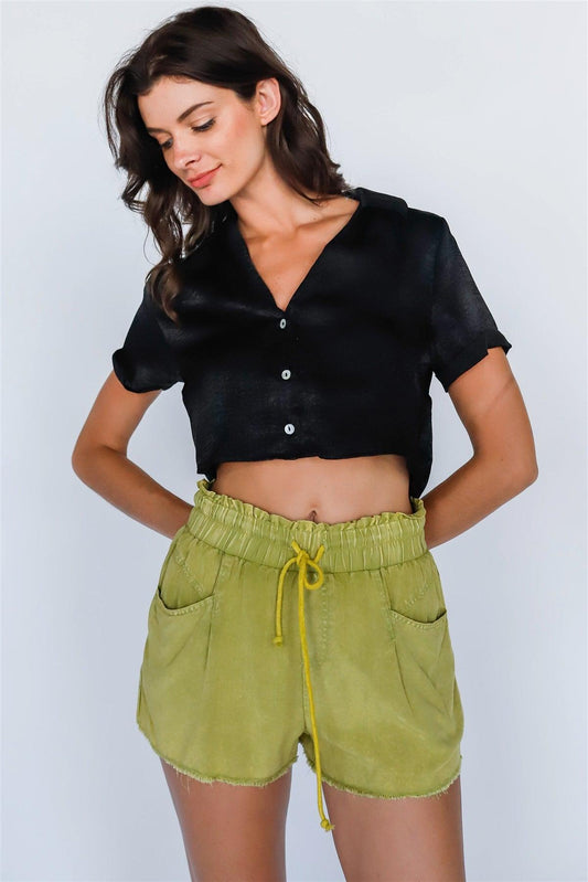 Black Satin Effect Textured Shirt Crop Top /3-2-1