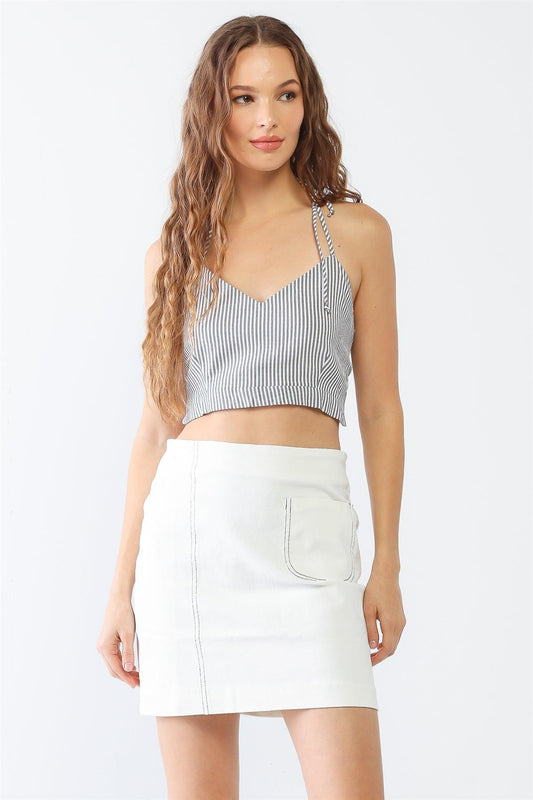 White & Black Stripe Print Sleeveless Self-Tie V-Neck Crop Top /2-2-1