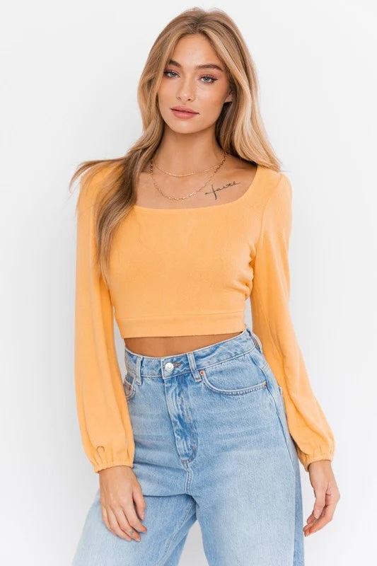 Dusty Yellow Long Sleeves Open Back Tie Crop Top /2-2-1