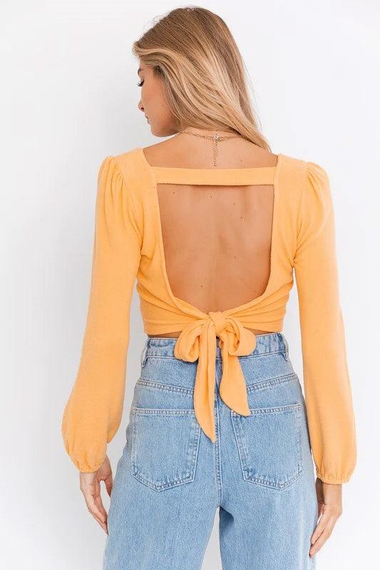 Dusty Yellow Long Sleeves Open Back Tie Crop Top /2-2-1