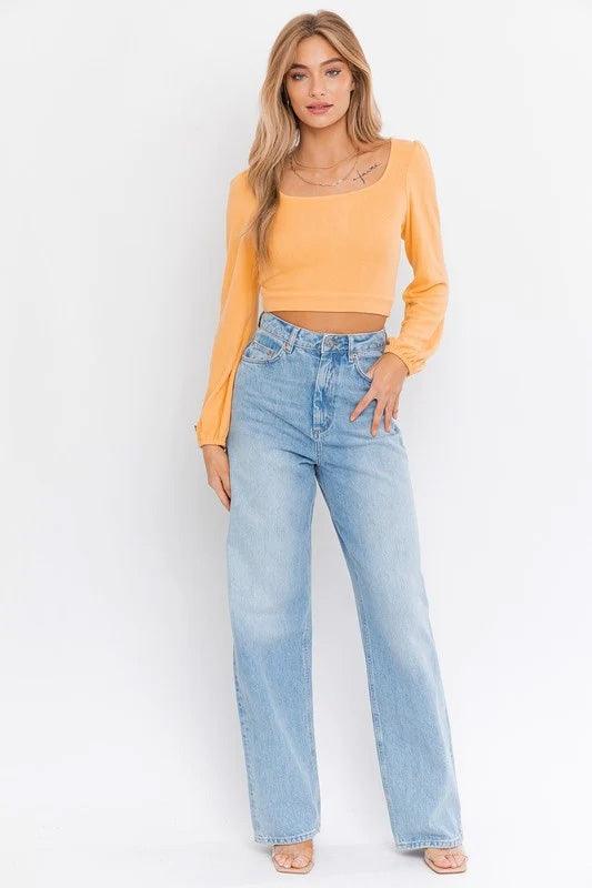 Dusty Yellow Long Sleeves Open Back Tie Crop Top /2-2-1