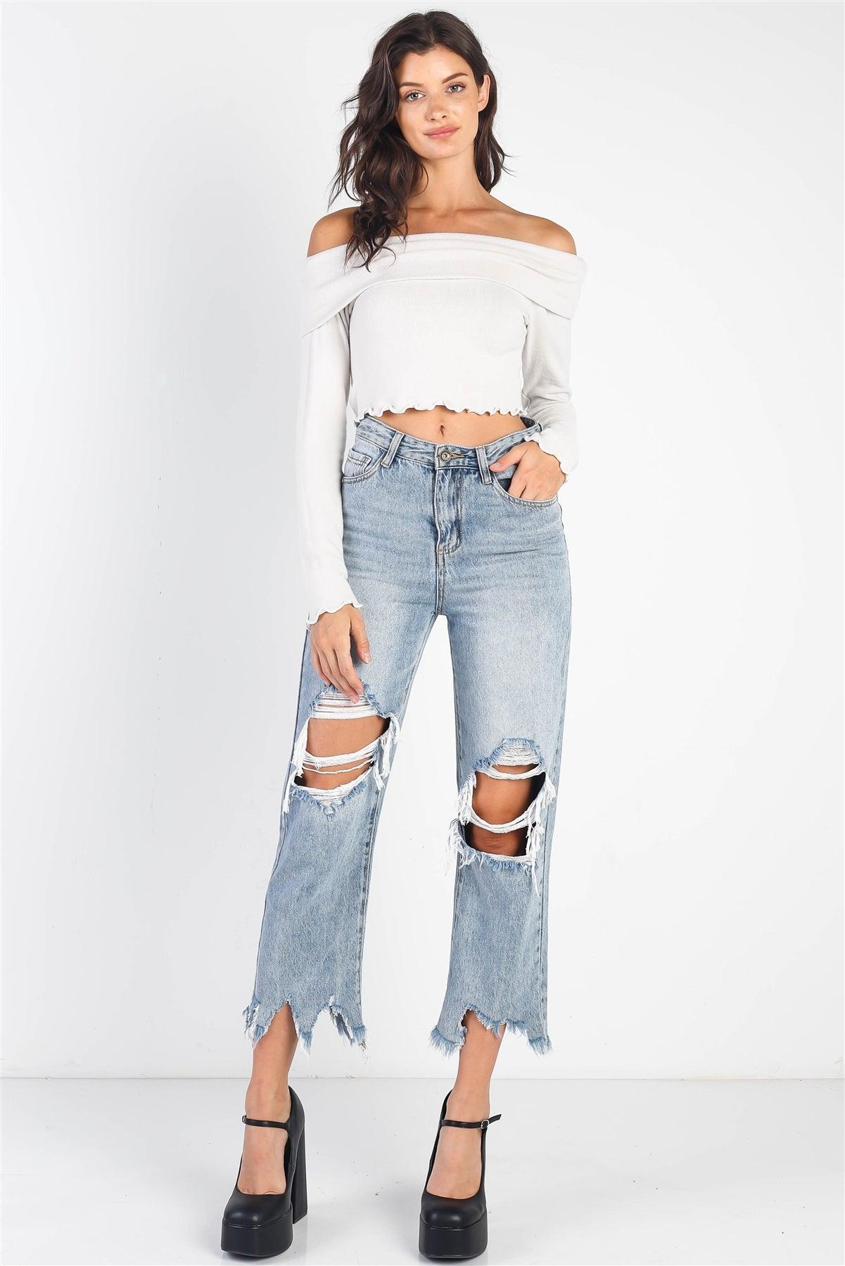 Bone Flannel Off-The-Shoulder Lettuce Edge Collared Top /2-2-1