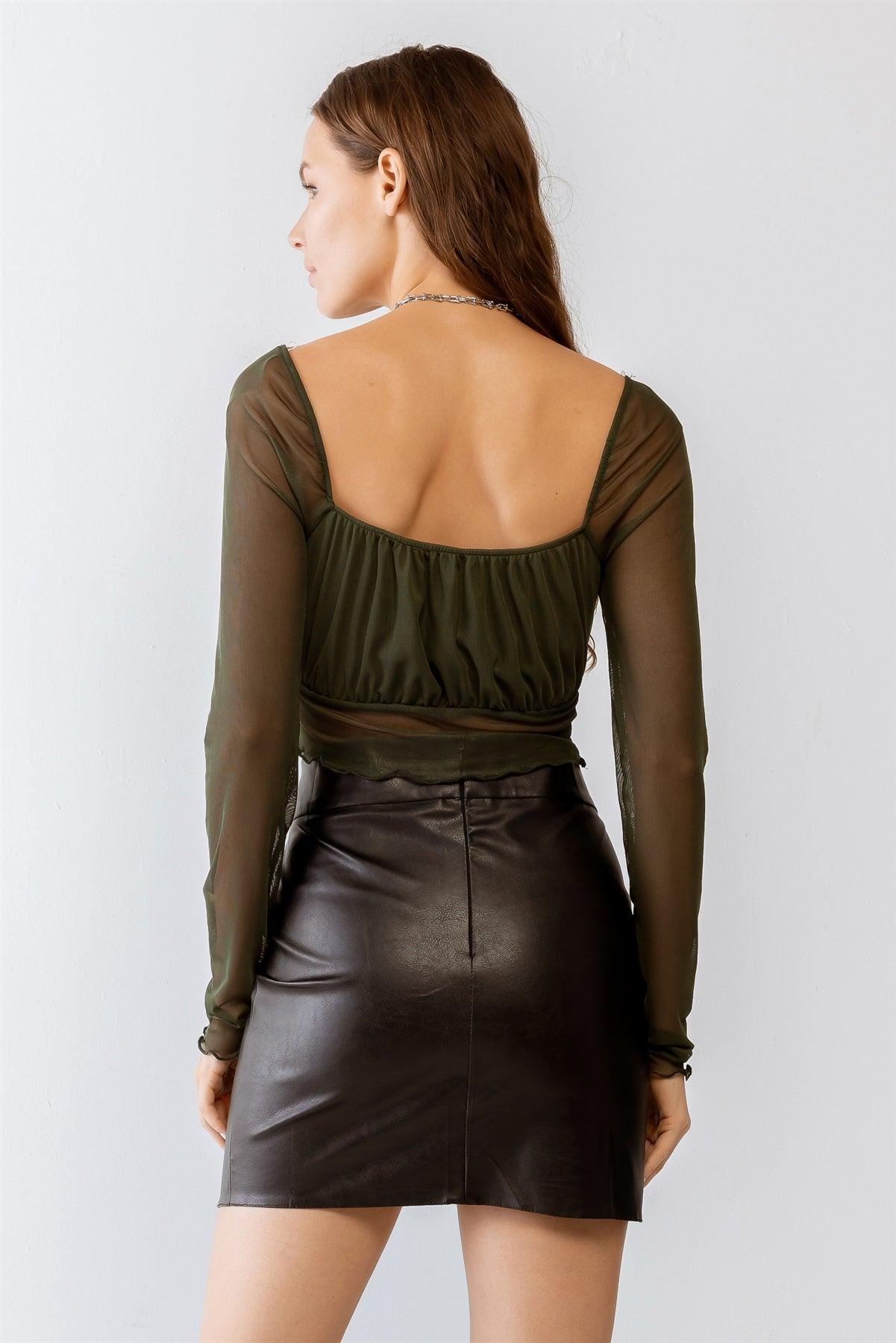 Olive Mesh Stitch Detail Long Sleeve Crop Top /3-2-1