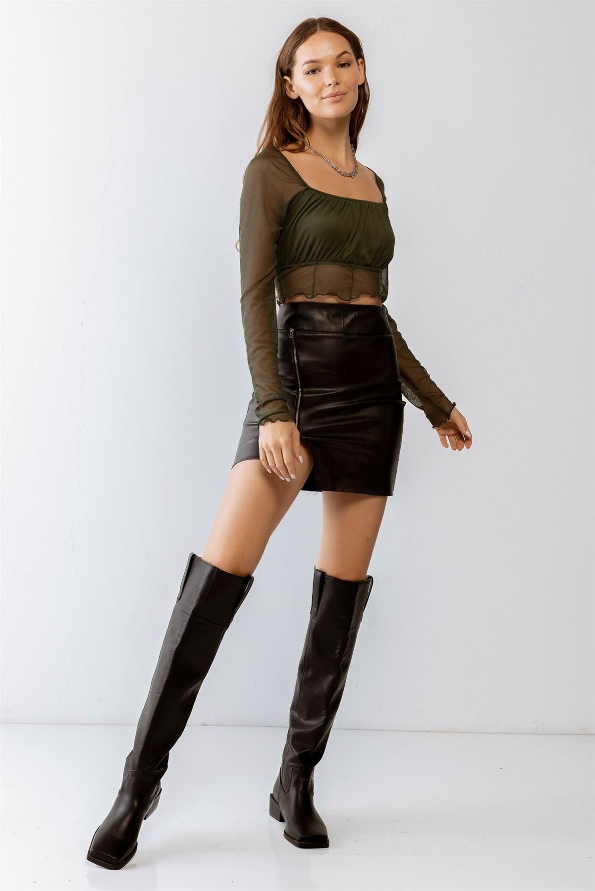 Olive Mesh Stitch Detail Long Sleeve Crop Top /3-2-1