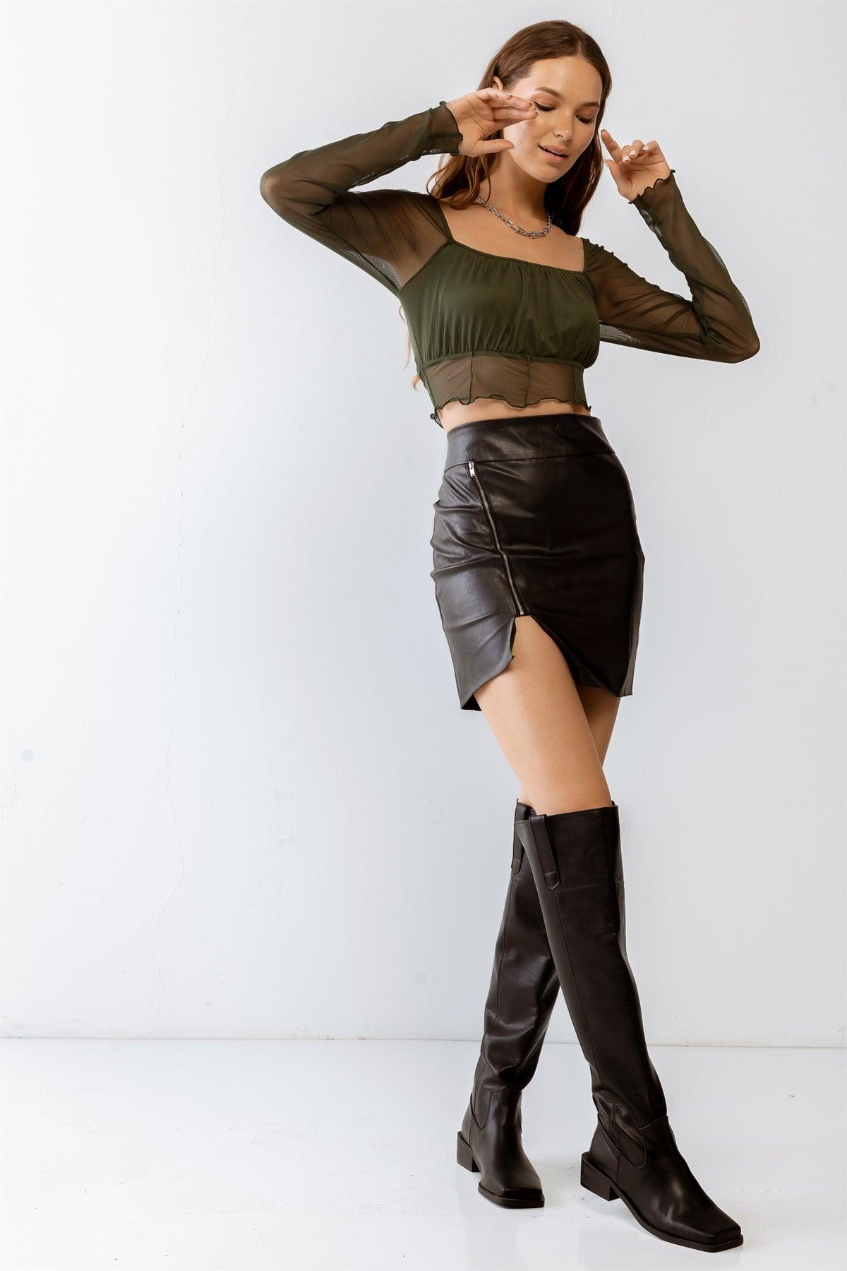 Olive Mesh Stitch Detail Long Sleeve Crop Top /3-2-1