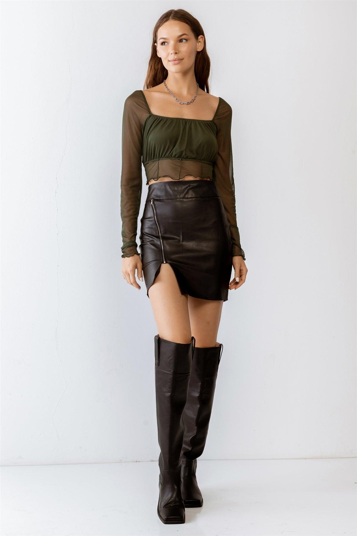 Olive Mesh Stitch Detail Long Sleeve Crop Top /3-2-1