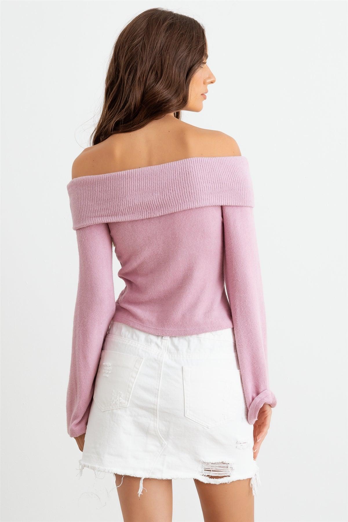 Lilac Collar Neck Off-The-Shoulder Bell Long Sleeve Top /3-2-1