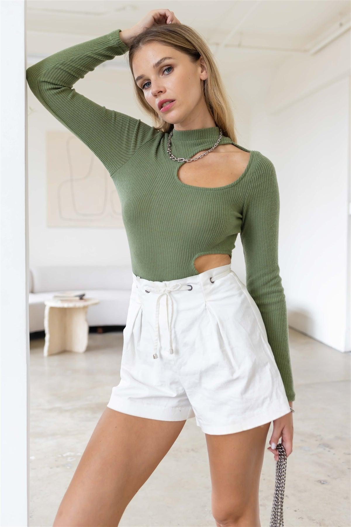 Olive Ribbed Mock Neck Cut-Out Long Sleeve Bodysuit /3-2-1