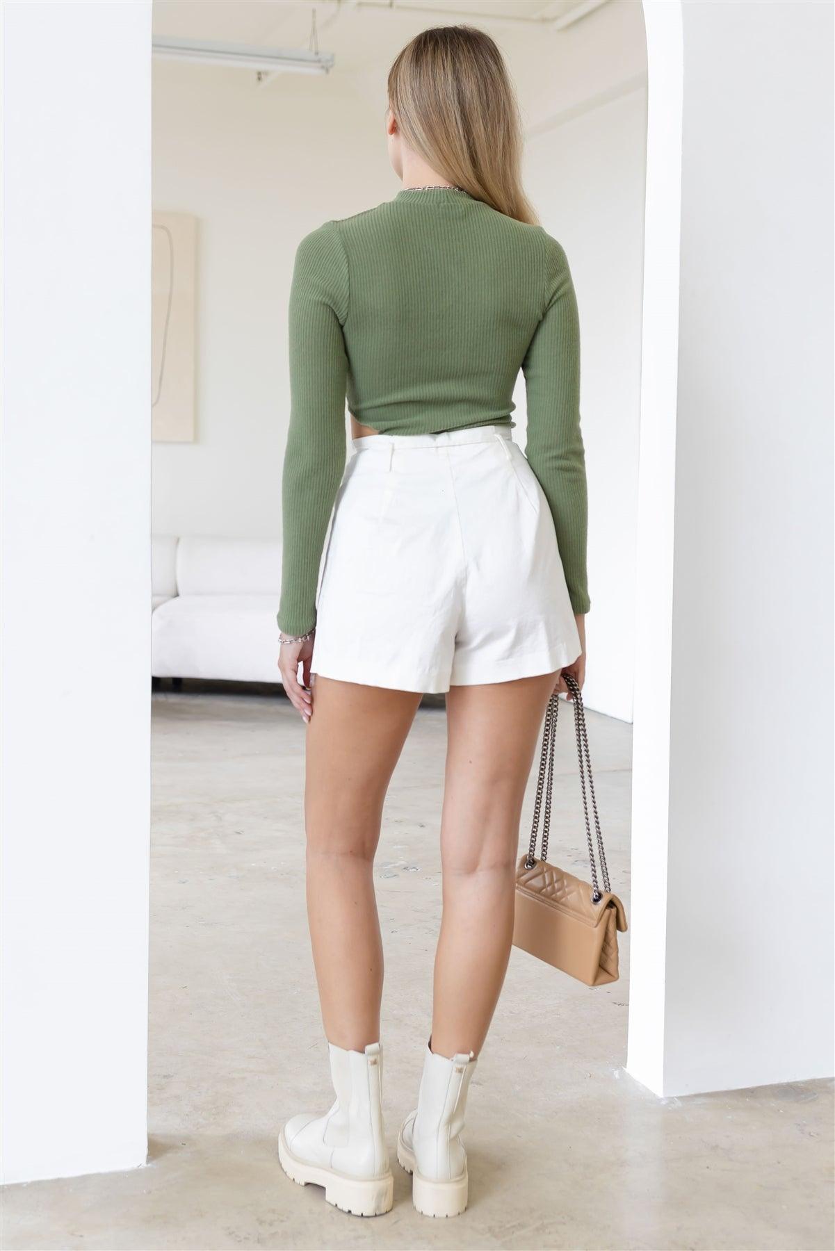 Olive Ribbed Mock Neck Cut-Out Long Sleeve Bodysuit /3-2-1