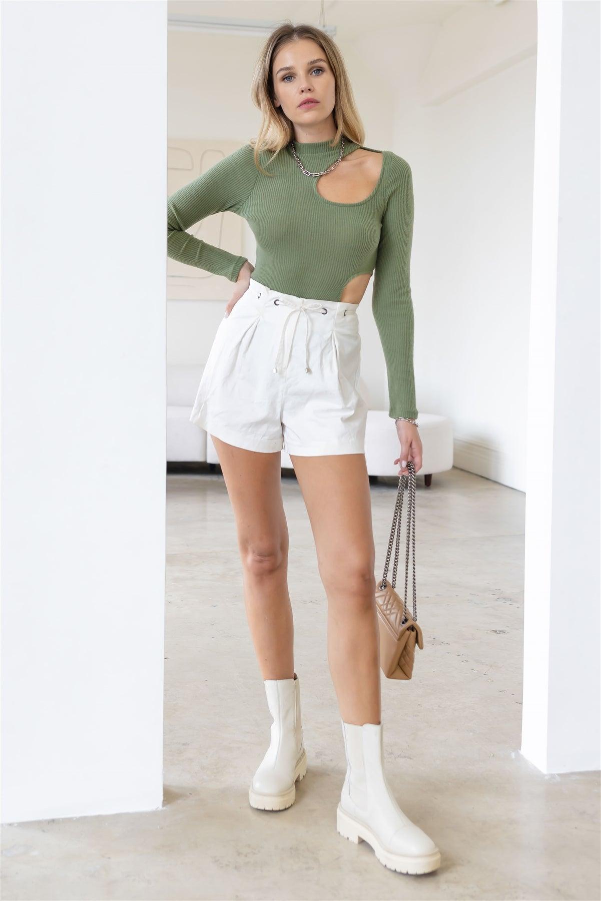 Olive Ribbed Mock Neck Cut-Out Long Sleeve Bodysuit /3-2-1