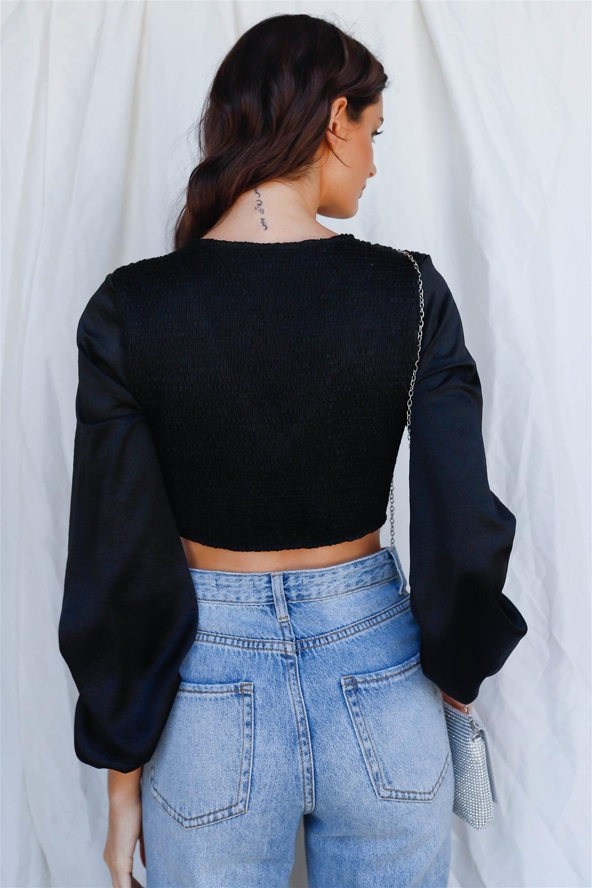 Black Textured Satin Effect Smocked Balloon Long Sleeve Crop Top /1-2-1