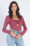 Plum Ribbed Square Neck Cut-Out Detail Long Sleeve Bodysuit /3-2-1