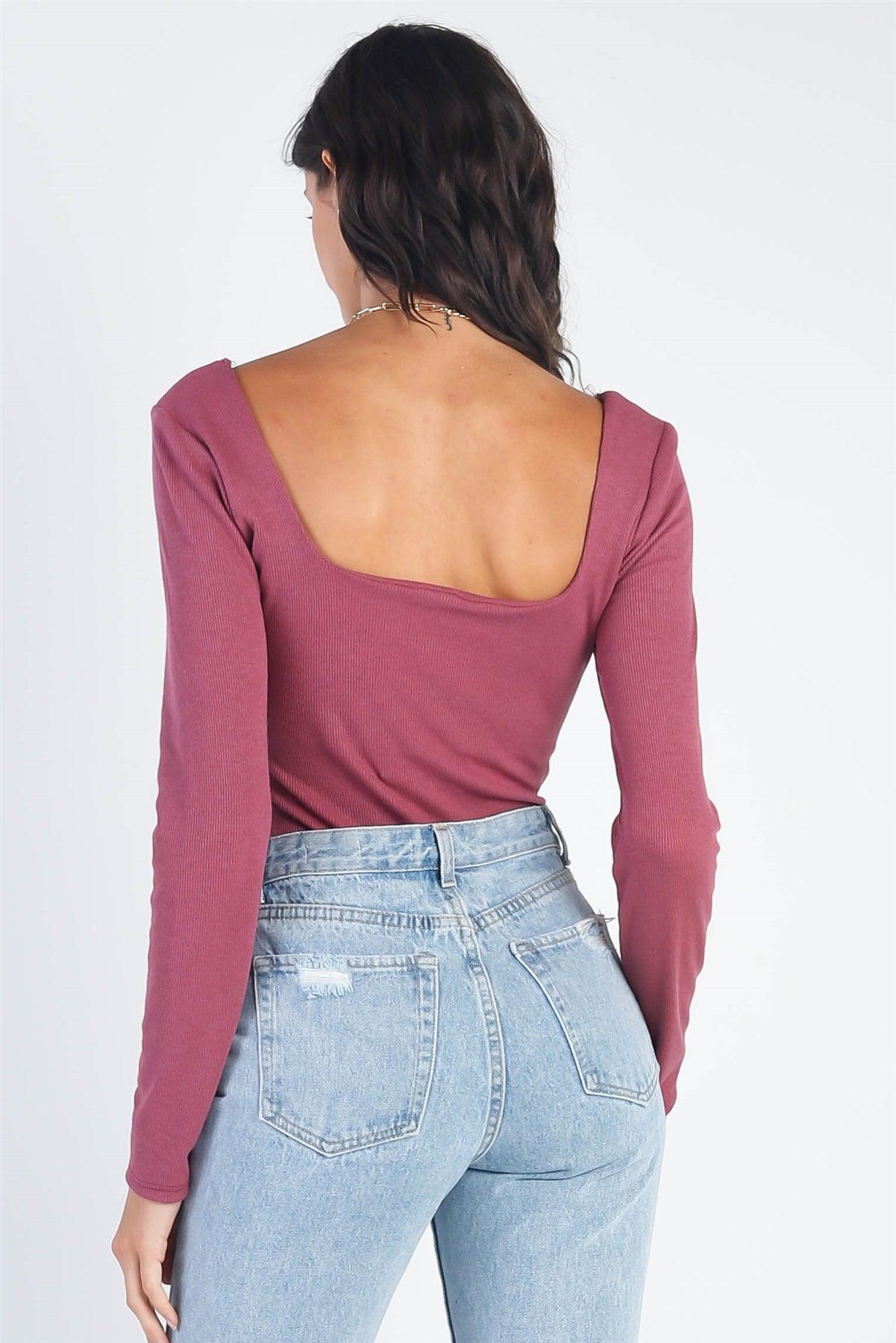 Plum Ribbed Square Neck Cut-Out Detail Long Sleeve Bodysuit /3-2-1