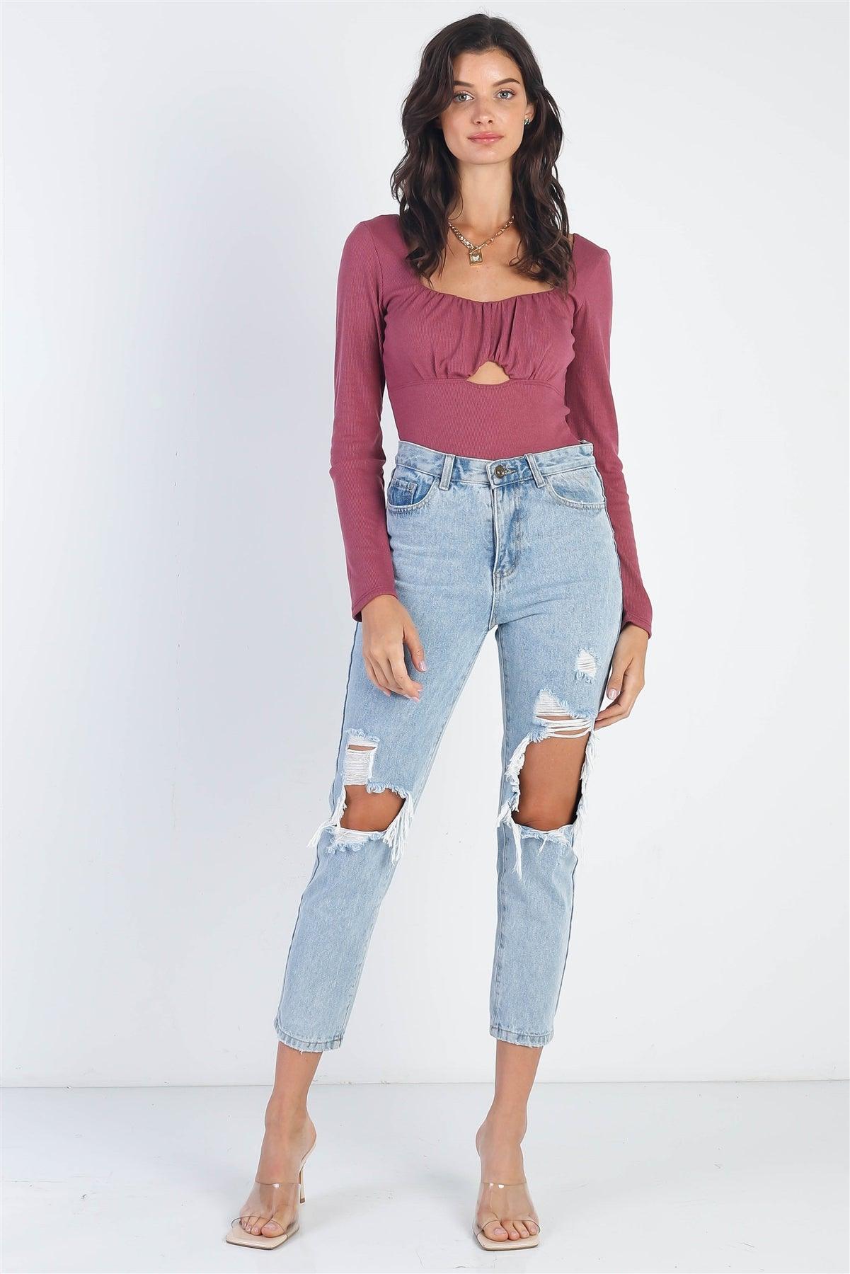 Plum Ribbed Square Neck Cut-Out Detail Long Sleeve Bodysuit /3-2-1