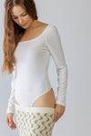 Off White Ribbed Square Neck Long Sleeve Bodysuit S-M-L/3-2-1